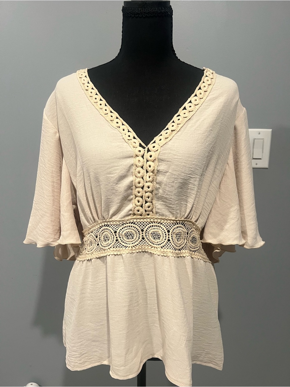 Cream Crochet Trim V-Neck Peasant Blouse